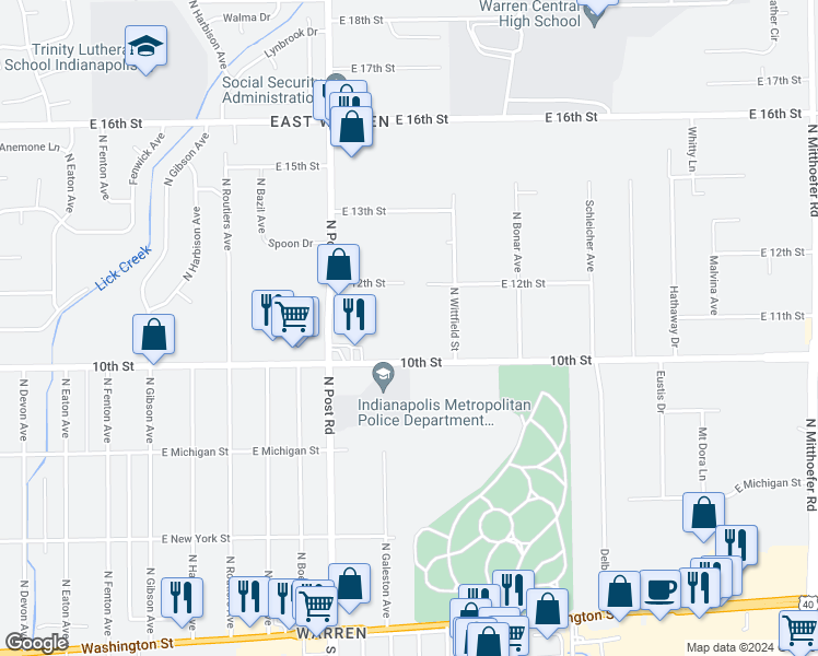 map of restaurants, bars, coffee shops, grocery stores, and more near 9100 East 10th Street in Indianapolis