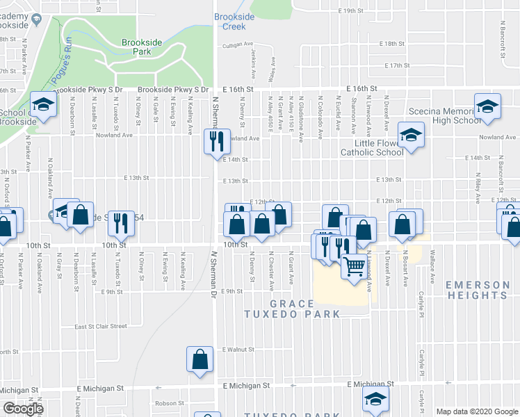map of restaurants, bars, coffee shops, grocery stores, and more near 3919 East 12th Street in Indianapolis
