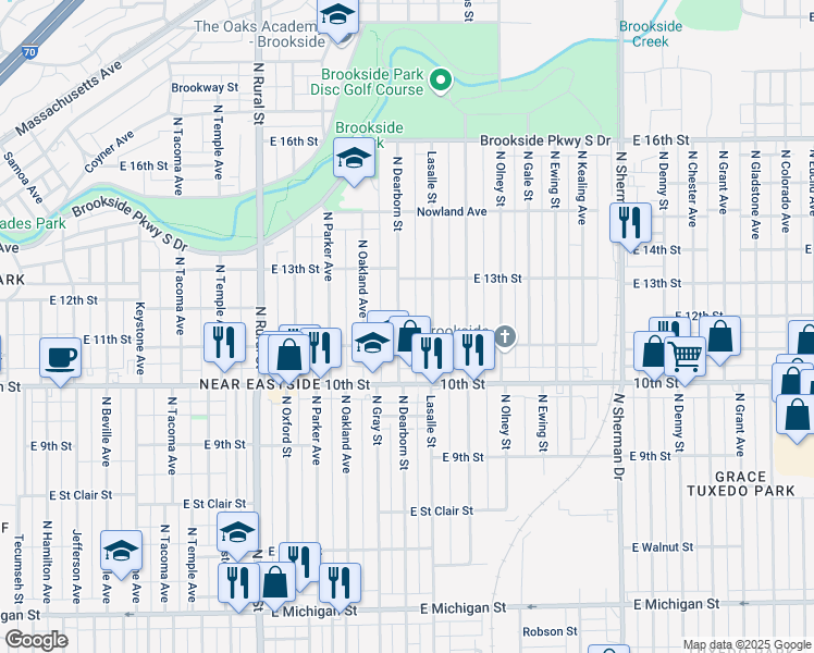 map of restaurants, bars, coffee shops, grocery stores, and more near 1115 North Dearborn Street in Indianapolis