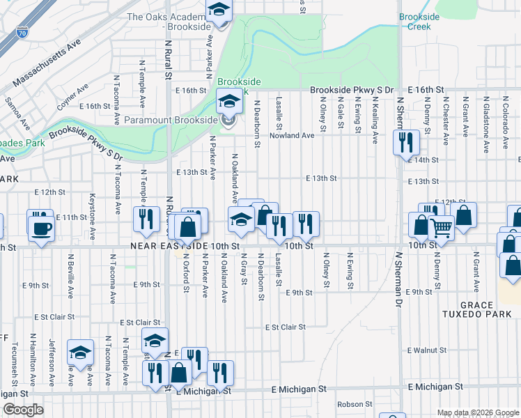 map of restaurants, bars, coffee shops, grocery stores, and more near 1115 North Dearborn Street in Indianapolis
