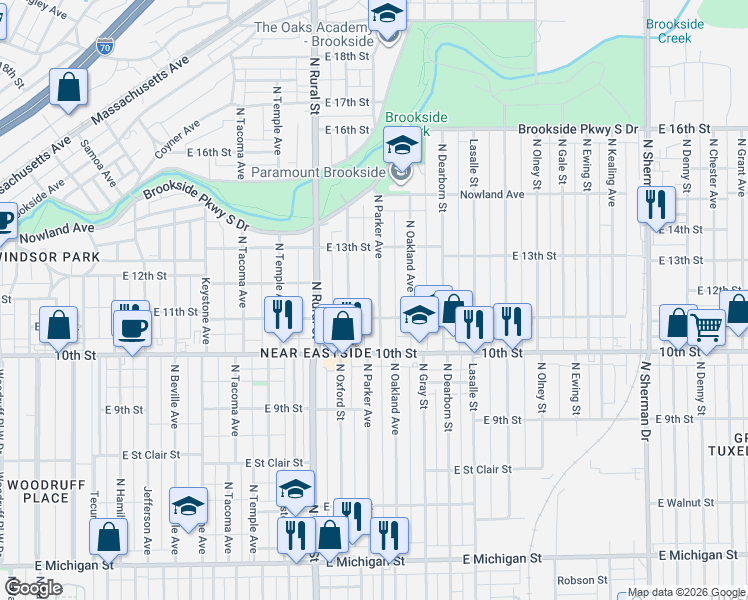 map of restaurants, bars, coffee shops, grocery stores, and more near 1115 North Parker Avenue in Indianapolis