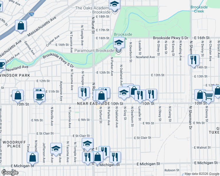map of restaurants, bars, coffee shops, grocery stores, and more near 1115 North Parker Avenue in Indianapolis