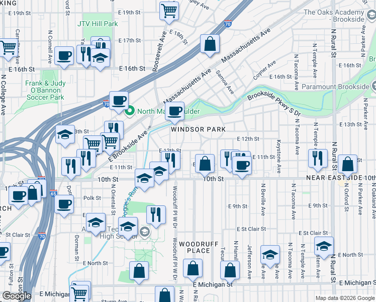 map of restaurants, bars, coffee shops, grocery stores, and more near 1119 Sterling Street in Indianapolis