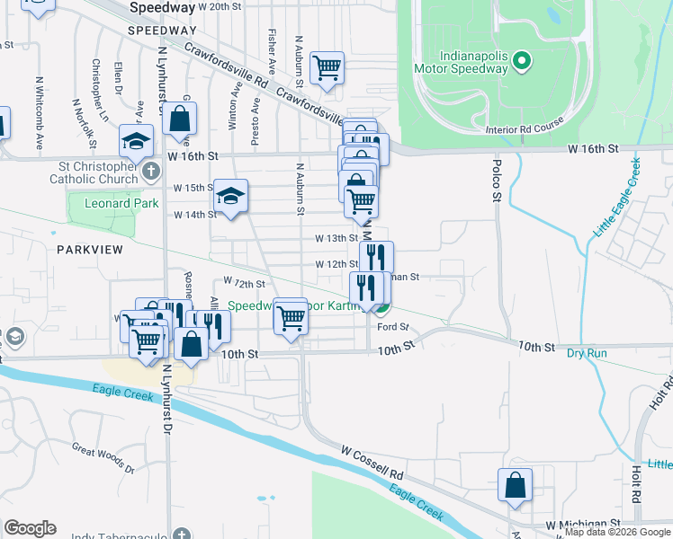 map of restaurants, bars, coffee shops, grocery stores, and more near 4933 West 12th Street in Indianapolis