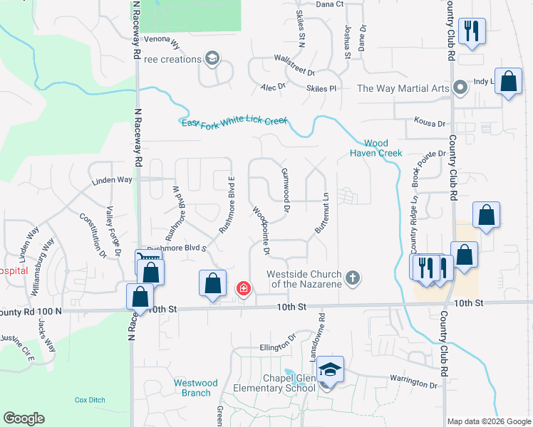 map of restaurants, bars, coffee shops, grocery stores, and more near 1305 Woodpointe Drive in Indianapolis