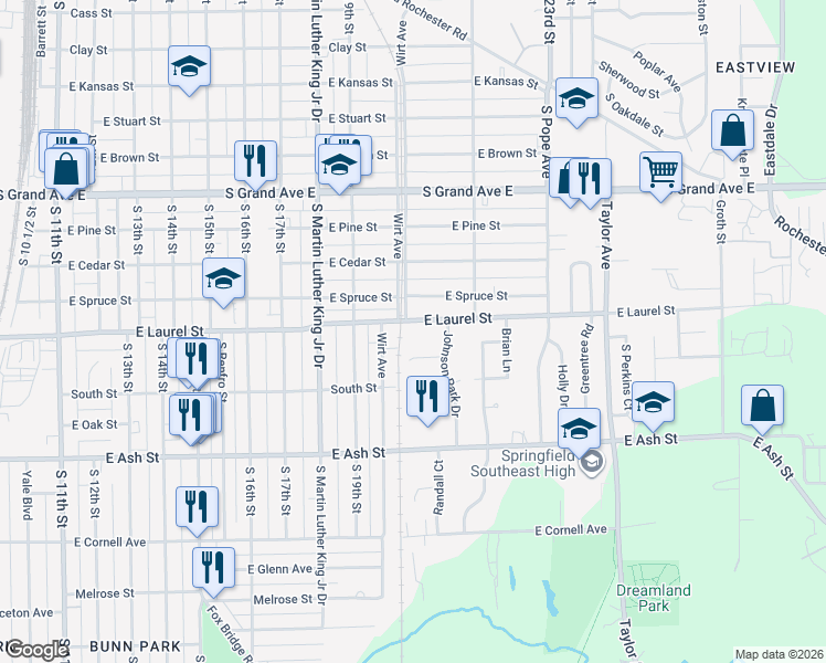 map of restaurants, bars, coffee shops, grocery stores, and more near 1808 Wirt Avenue in Springfield