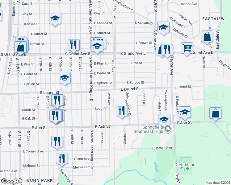 map of restaurants, bars, coffee shops, grocery stores, and more near 1808 Wirt Avenue in Springfield