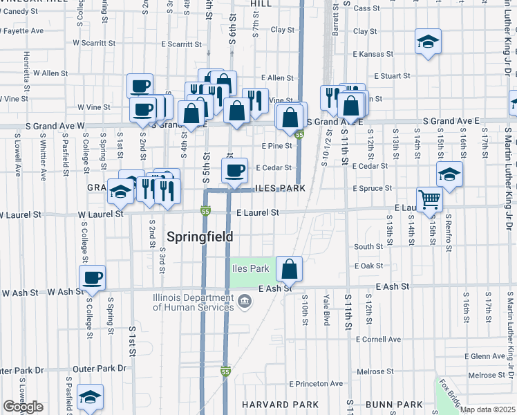 map of restaurants, bars, coffee shops, grocery stores, and more near 723 East Laurel Street in Springfield