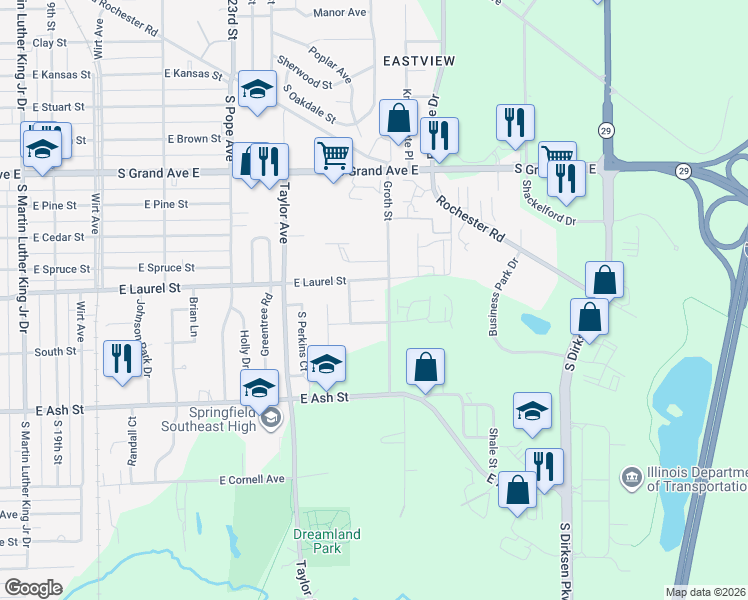 map of restaurants, bars, coffee shops, grocery stores, and more near 1898 Honeysuckle Ct in Springfield