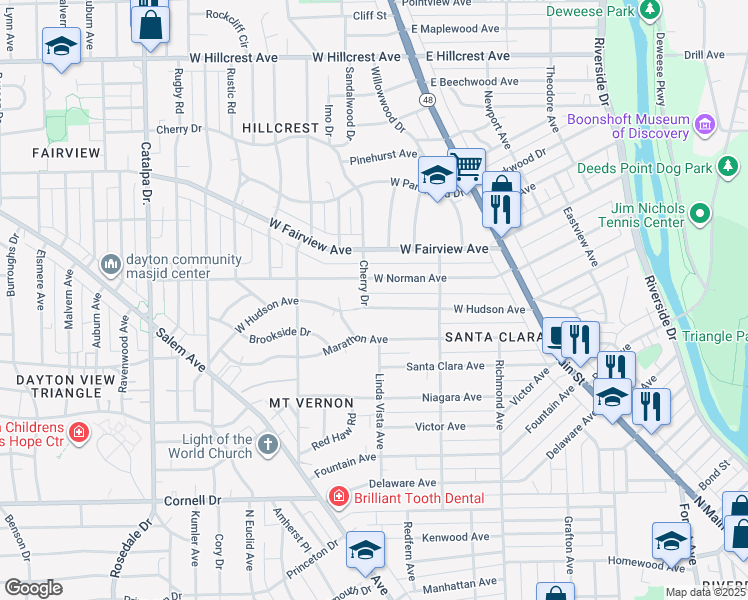map of restaurants, bars, coffee shops, grocery stores, and more near 177 West Hudson Avenue in Dayton