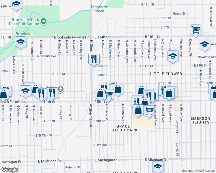 map of restaurants, bars, coffee shops, grocery stores, and more near 3919 East 12th Street in Indianapolis