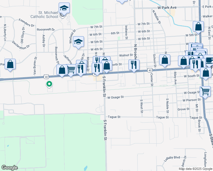 map of restaurants, bars, coffee shops, grocery stores, and more near 125 South Franklin Street in Greenfield