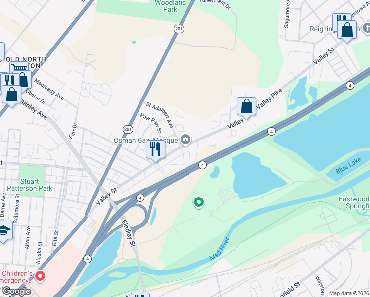 map of restaurants, bars, coffee shops, grocery stores, and more near 1508 Valley Street in Dayton