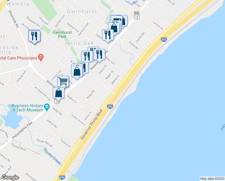 map of restaurants, bars, coffee shops, grocery stores, and more near 303 East Holly Oak Road in Wilmington