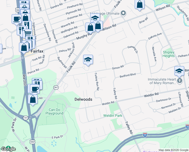 map of restaurants, bars, coffee shops, grocery stores, and more near 1610 Turkey Run Rd in Wilmington