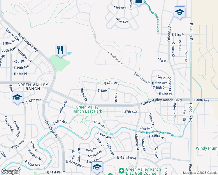 map of restaurants, bars, coffee shops, grocery stores, and more near 20571 East 48th Place in Denver