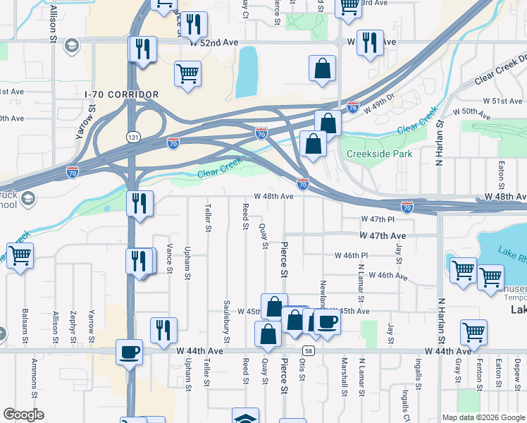 map of restaurants, bars, coffee shops, grocery stores, and more near 6914 West 48th Avenue in Wheat Ridge