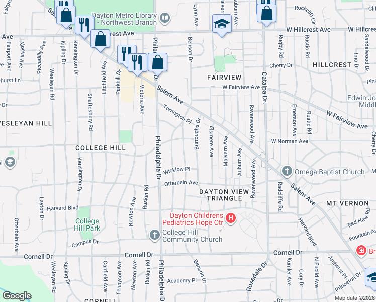 map of restaurants, bars, coffee shops, grocery stores, and more near 1930 Benson Drive in Dayton