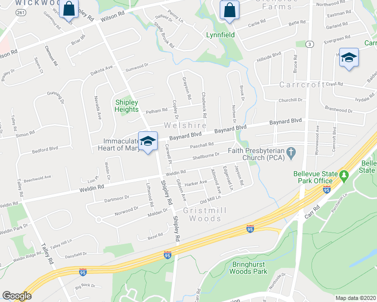 map of restaurants, bars, coffee shops, grocery stores, and more near 36 Paschall Road in Wilmington