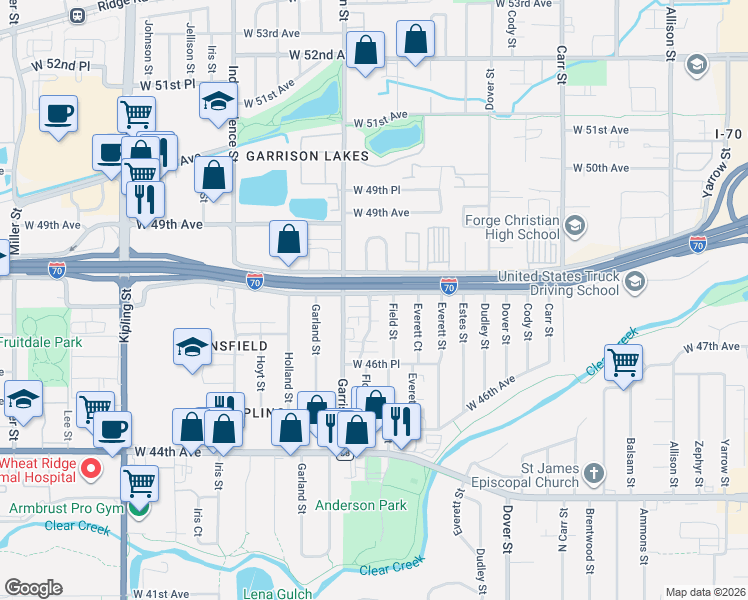 map of restaurants, bars, coffee shops, grocery stores, and more near 4786 Flower Street in Wheat Ridge