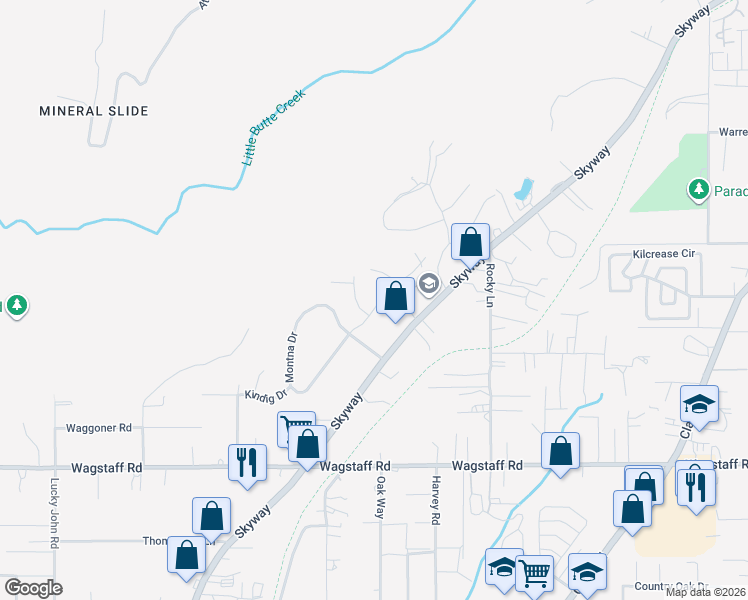 map of restaurants, bars, coffee shops, grocery stores, and more near 8585 Ridgecrest Drive in Paradise
