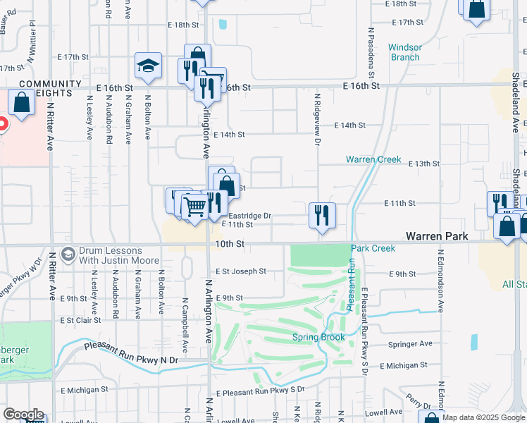 map of restaurants, bars, coffee shops, grocery stores, and more near 6124 Eastridge Drive in Indianapolis