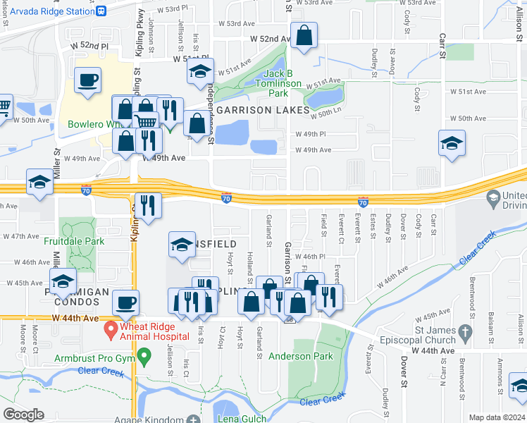 map of restaurants, bars, coffee shops, grocery stores, and more near 9310 West 48th Avenue in Wheat Ridge