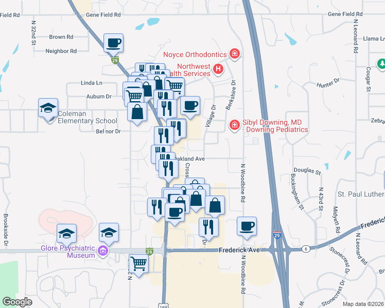 map of restaurants, bars, coffee shops, grocery stores, and more near 3801 Oakland Avenue in Saint Joseph