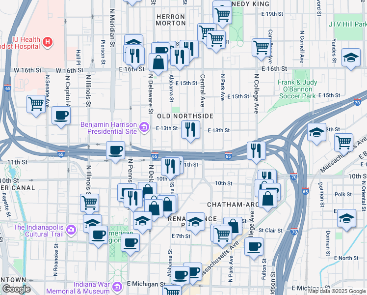 map of restaurants, bars, coffee shops, grocery stores, and more near 330 East 12th Street in Indianapolis