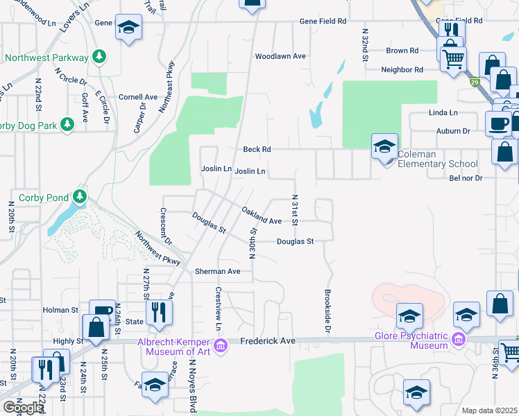 map of restaurants, bars, coffee shops, grocery stores, and more near 2915 Oakland Avenue in Saint Joseph