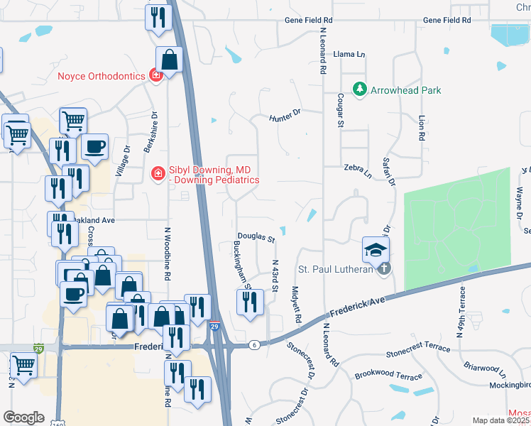 map of restaurants, bars, coffee shops, grocery stores, and more near 4217 Oakland Cir in St Joseph