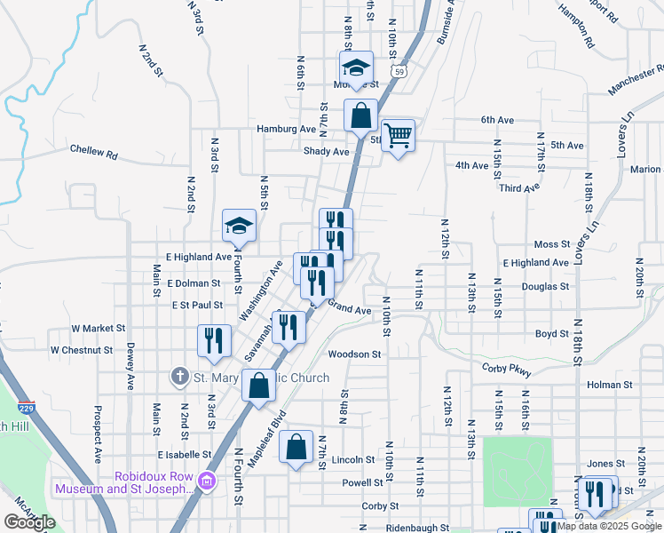 map of restaurants, bars, coffee shops, grocery stores, and more near 2130 Saint Joseph Avenue in Saint Joseph