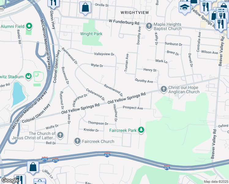 map of restaurants, bars, coffee shops, grocery stores, and more near 3227 Ravenwood Drive in Fairborn