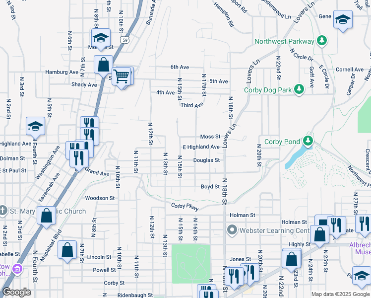 map of restaurants, bars, coffee shops, grocery stores, and more near 1504 East Highland Avenue in Saint Joseph