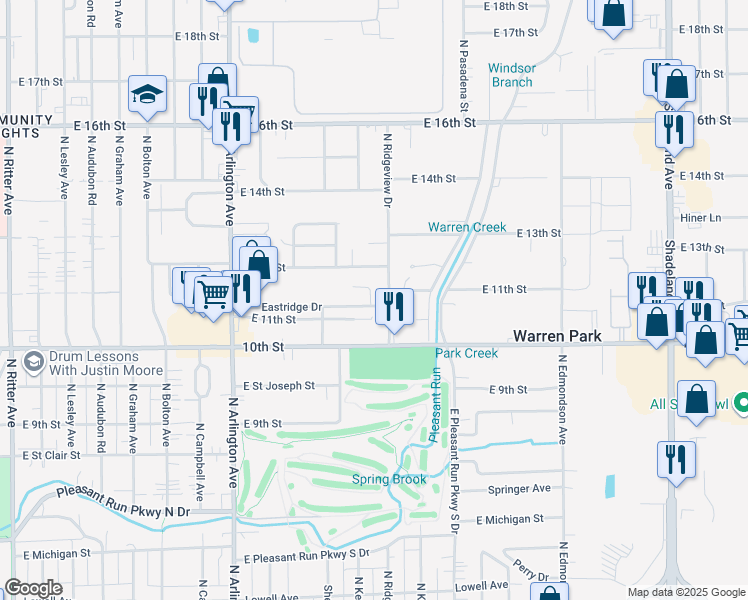 map of restaurants, bars, coffee shops, grocery stores, and more near 6262 Eastridge Drive in Indianapolis