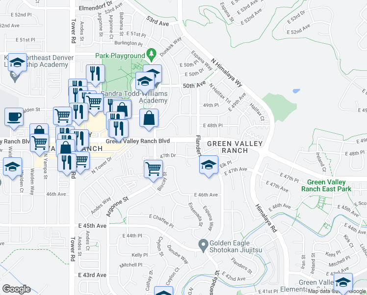 map of restaurants, bars, coffee shops, grocery stores, and more near 19109 47th Drive in Denver