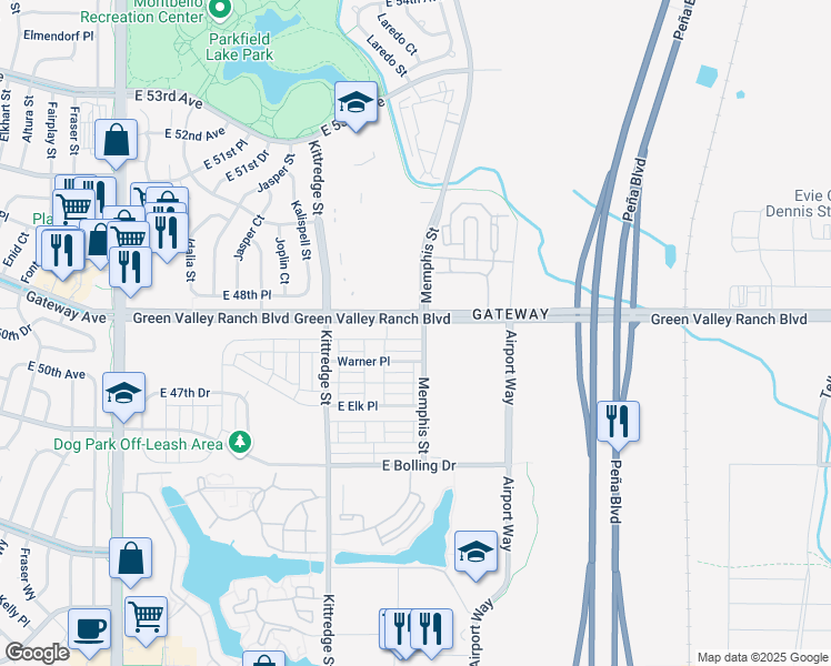 map of restaurants, bars, coffee shops, grocery stores, and more near 16196 Warner Drive in Denver