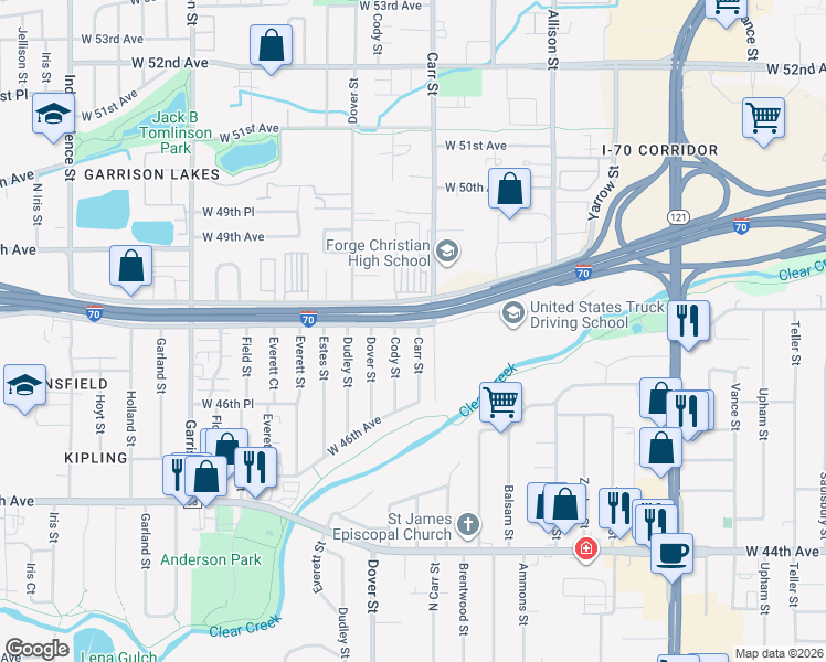 map of restaurants, bars, coffee shops, grocery stores, and more near 4777 Carr Street in Wheat Ridge