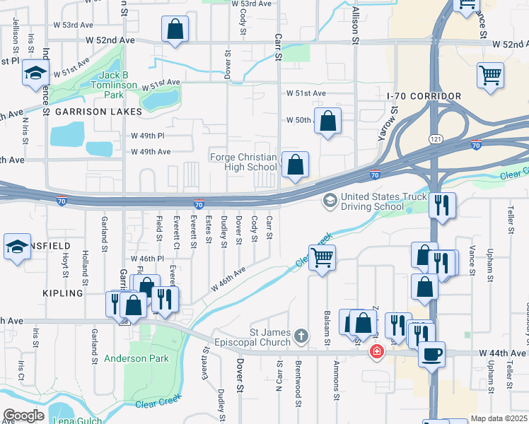 map of restaurants, bars, coffee shops, grocery stores, and more near 4777 Carr Street in Wheat Ridge