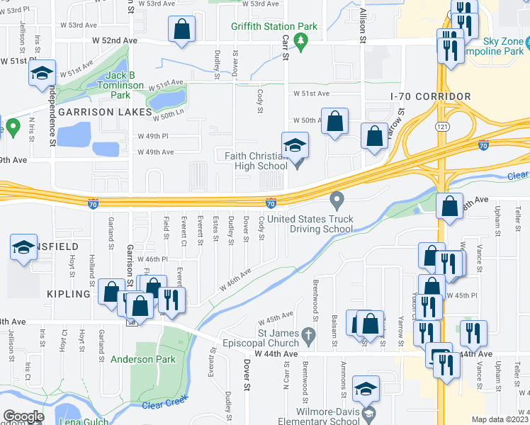 map of restaurants, bars, coffee shops, grocery stores, and more near 4777 Carr Street in Wheat Ridge