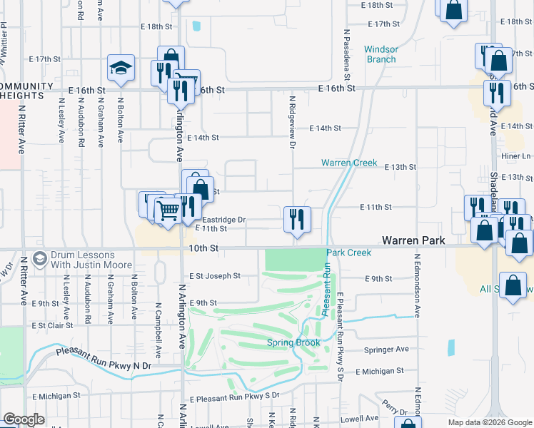 map of restaurants, bars, coffee shops, grocery stores, and more near 6210 Eastridge Drive in Indianapolis