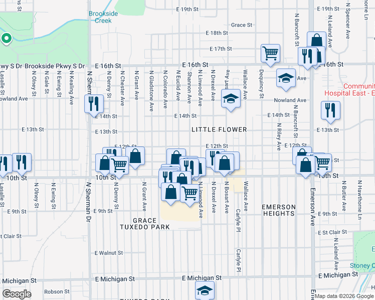 map of restaurants, bars, coffee shops, grocery stores, and more near 1120 Shannon Avenue in Indianapolis