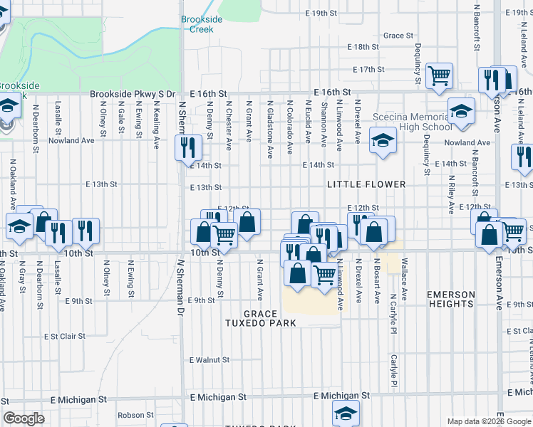 map of restaurants, bars, coffee shops, grocery stores, and more near 1160 North Gladstone Avenue in Indianapolis