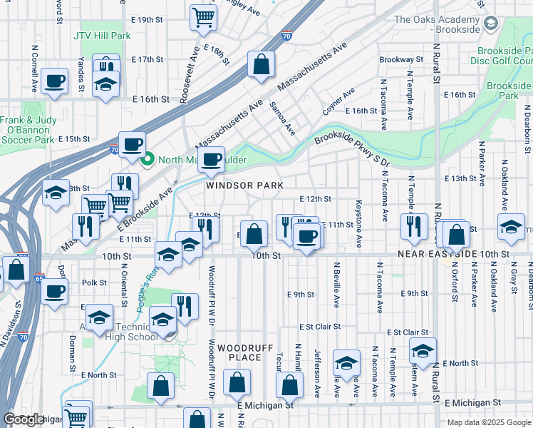 map of restaurants, bars, coffee shops, grocery stores, and more near 1126 Tecumseh Street in Indianapolis