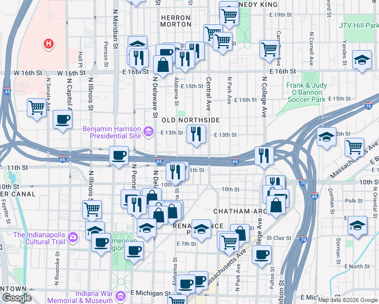 map of restaurants, bars, coffee shops, grocery stores, and more near 330 East 12th Street in Indianapolis