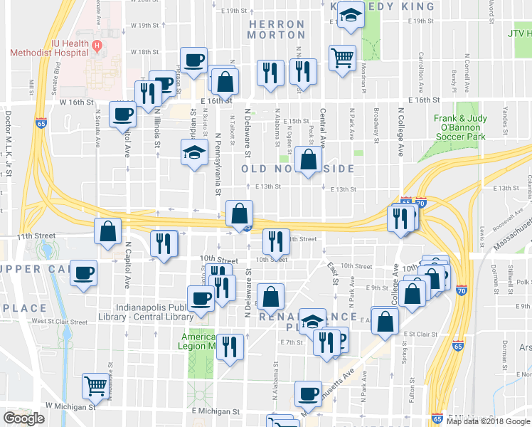 map of restaurants, bars, coffee shops, grocery stores, and more near 277 East 12th Street in Indianapolis