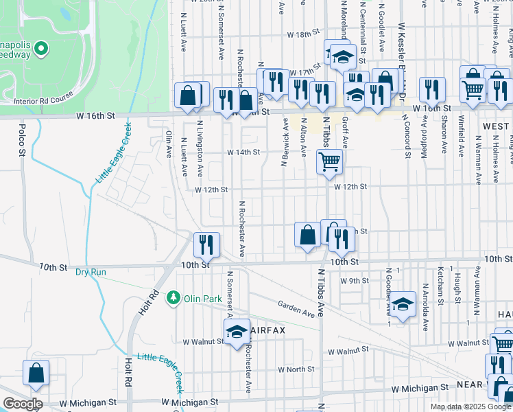 map of restaurants, bars, coffee shops, grocery stores, and more near 1126 North Exeter Avenue in Indianapolis