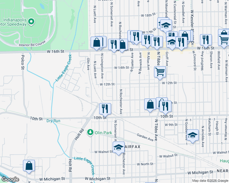 map of restaurants, bars, coffee shops, grocery stores, and more near 1126 North Rochester Avenue in Indianapolis