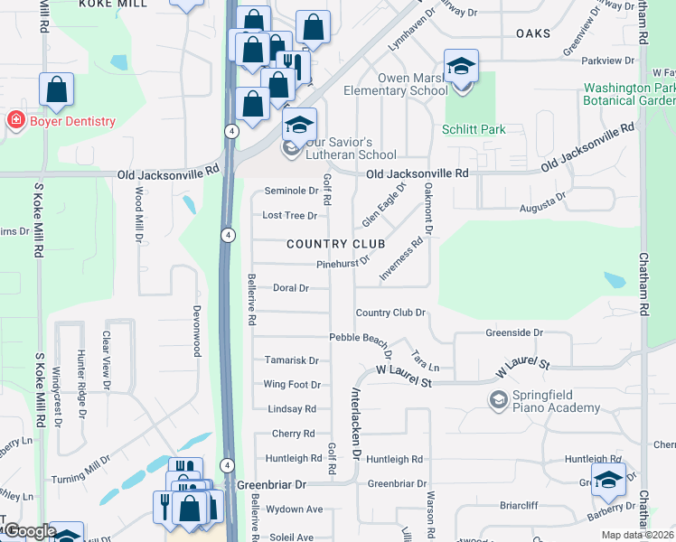 map of restaurants, bars, coffee shops, grocery stores, and more near 92 Golf Road in Springfield