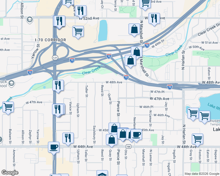 map of restaurants, bars, coffee shops, grocery stores, and more near 6914 West 48th Avenue in Wheat Ridge